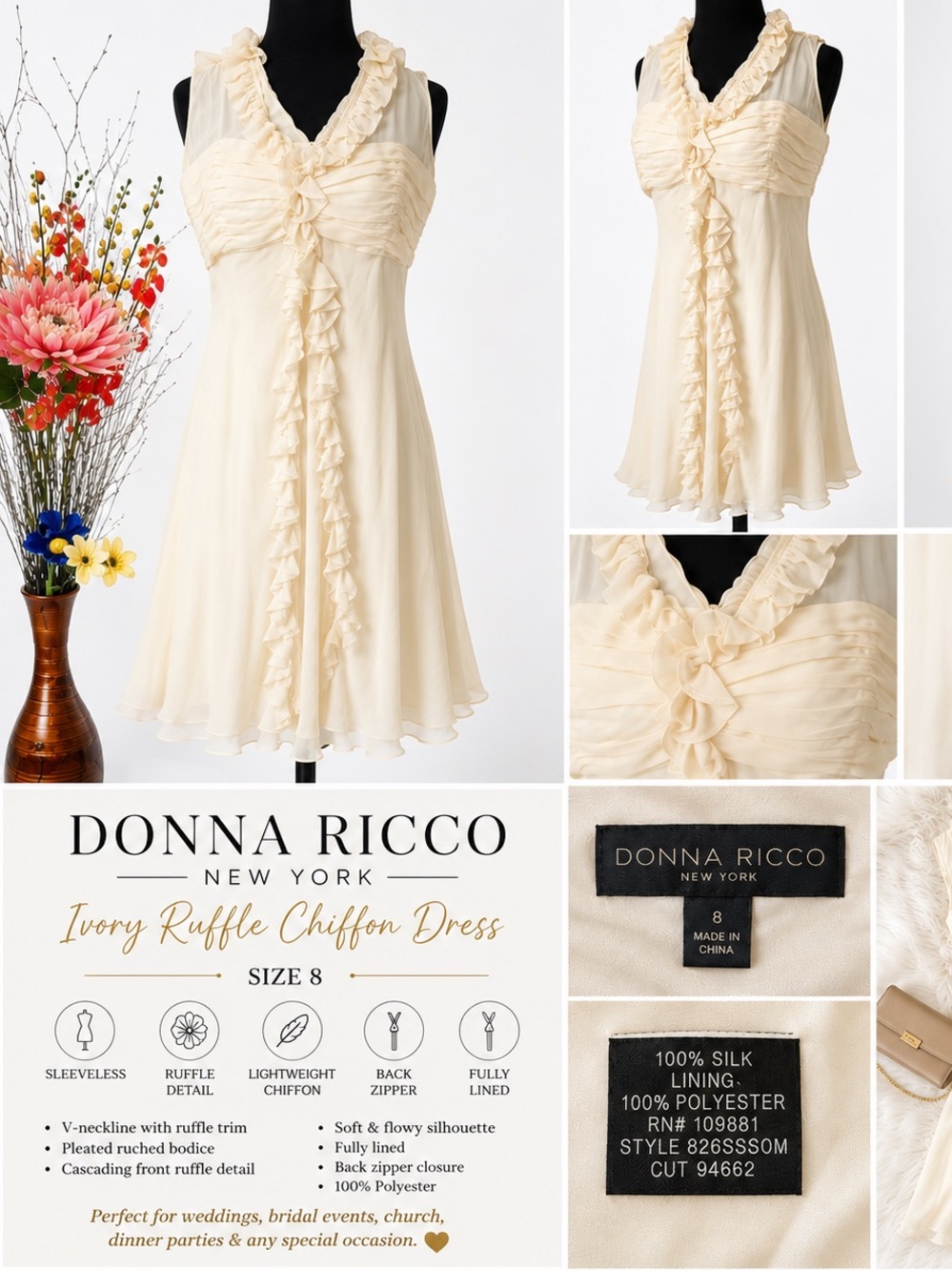 Donna Ricco New York Ivory Ruffle Chiffon Sleeveless Dress Size 8